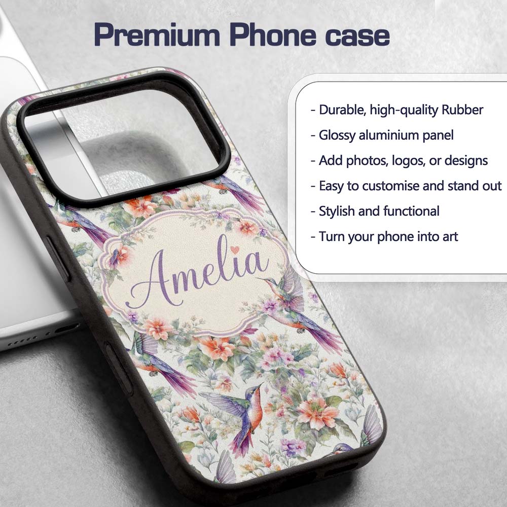 Colorful Hummingbird with Wildflower Garden Printed Design Custom Name Protective Phone Case Mobile Cover Durable Smartphone Shock Resistant