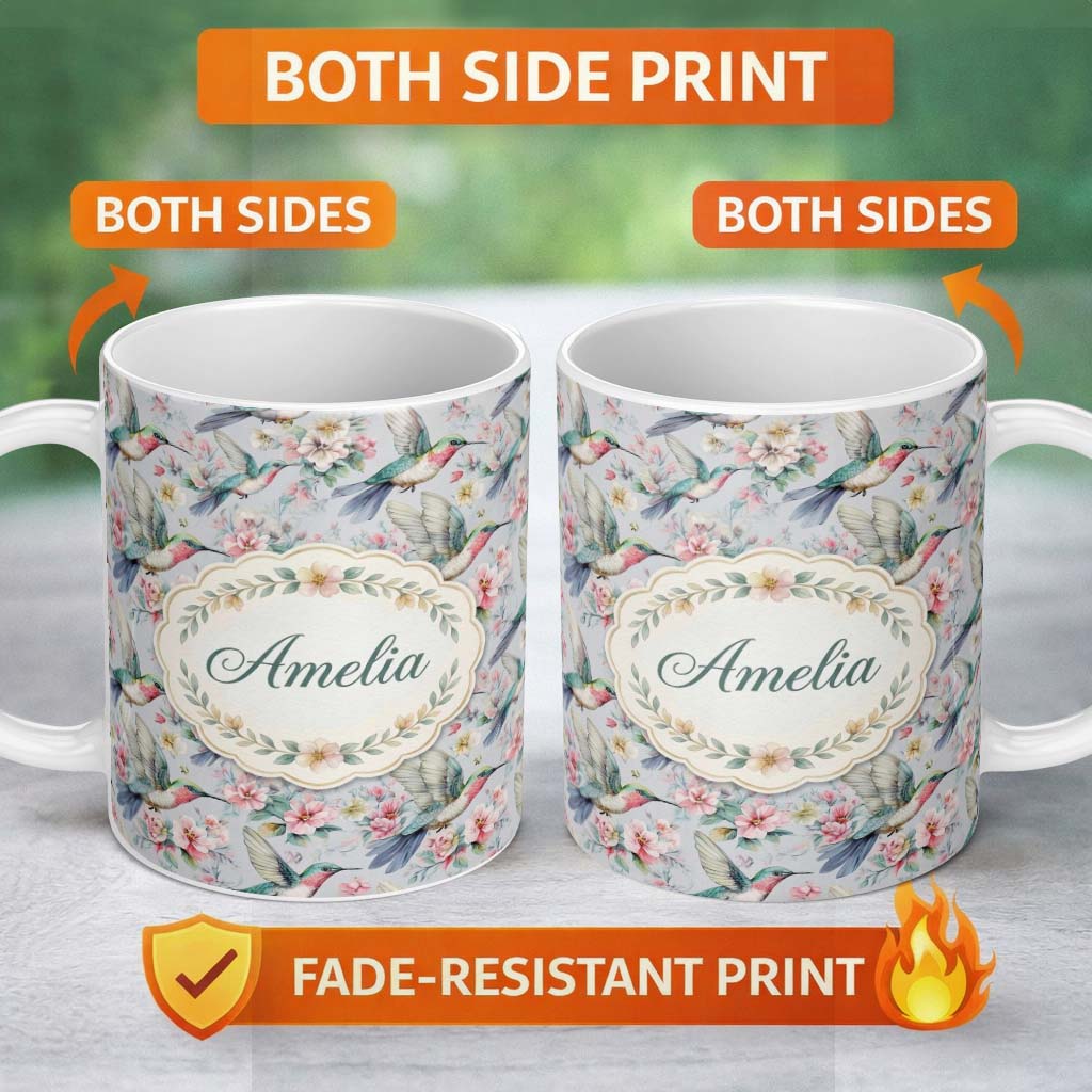 Personalized Custom Name Soft Hummingbird with Blossom Floral Garden Seamless Pattern Name 11oz Ceramic Coffee Tea Mug White Large Handle