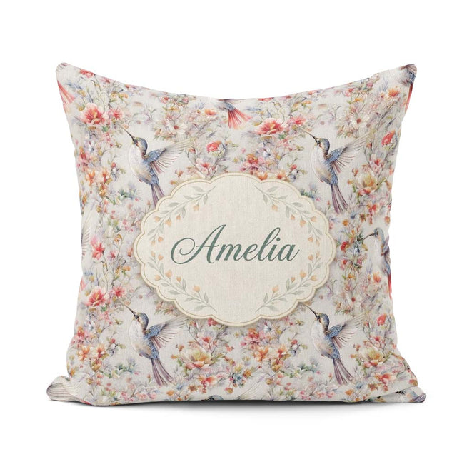 Custom Name Elegant Hummingbird with Floral Bloom Garden Pattern Square Filled Cushion Throw Pillow Sofa Bed Home Decor Zip Washable UK Made