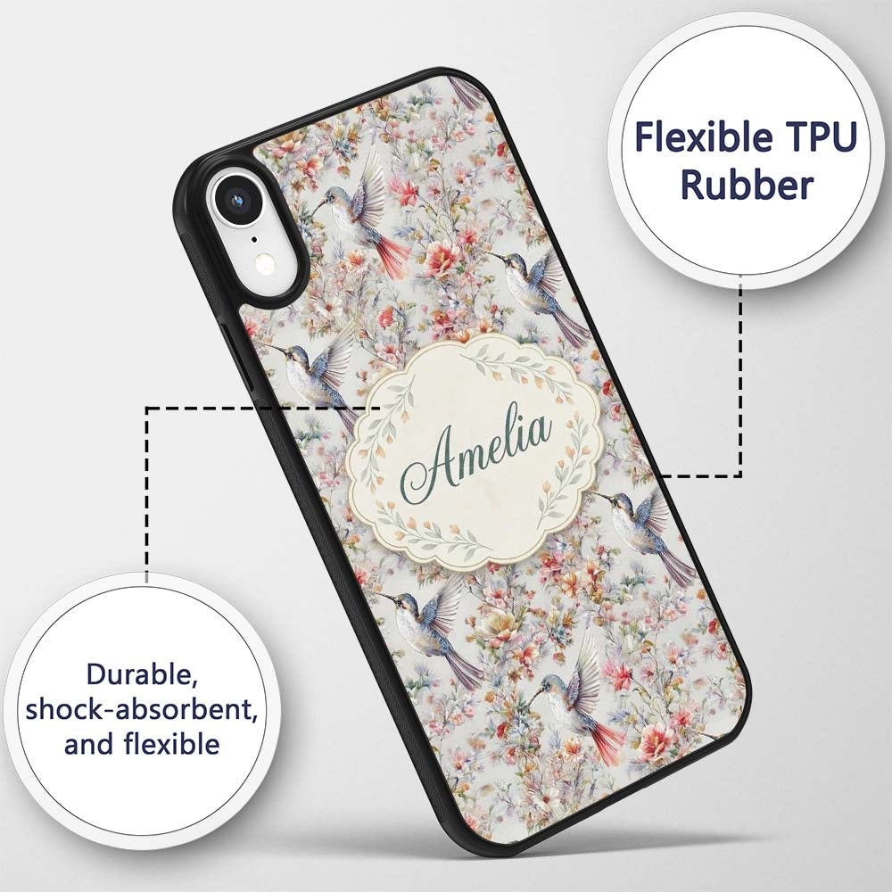 Elegant Hummingbird with Floral Bloom Garden Custom Name Protective Phone Case Mobile Cover Durable Everyday Smartphone Shock Resistant