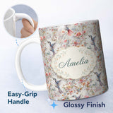Personalized Custom Name Elegant Hummingbird with Floral Bloom Garden Seamless Pattern Name 11oz Ceramic Coffee Tea Mug White Large Handle
