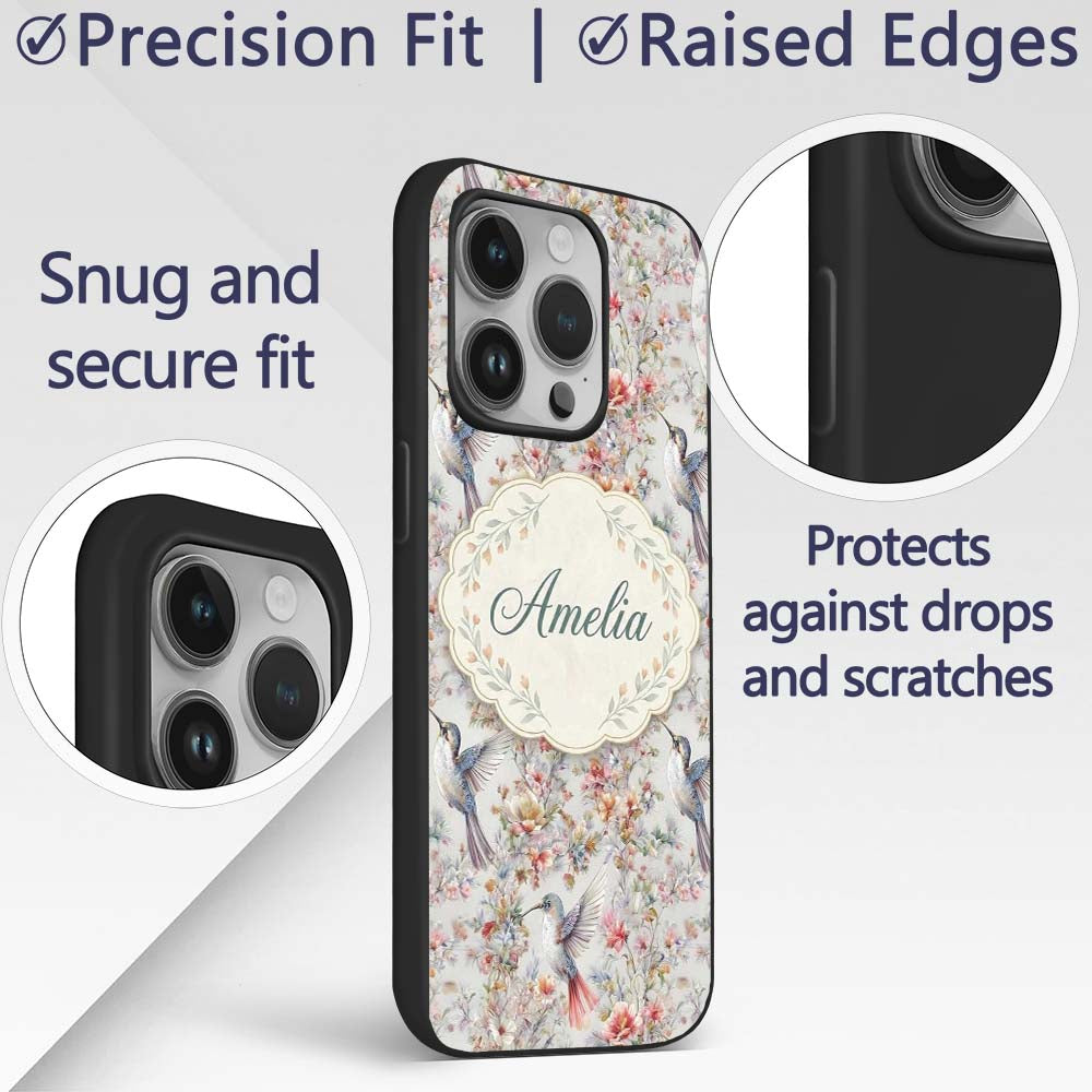 Elegant Hummingbird with Floral Bloom Garden Custom Name Protective Phone Case Mobile Cover Durable Everyday Smartphone Shock Resistant