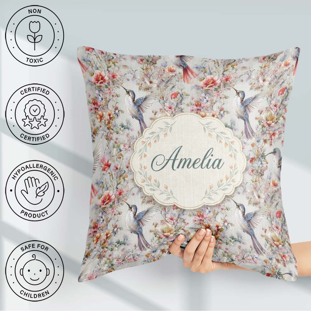 Custom Name Elegant Hummingbird with Floral Bloom Garden Pattern Square Filled Cushion Throw Pillow Sofa Bed Home Decor Zip Washable UK Made