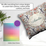 Custom Name Elegant Hummingbird with Floral Bloom Garden Pattern Square Filled Cushion Throw Pillow Sofa Bed Home Decor Zip Washable UK Made