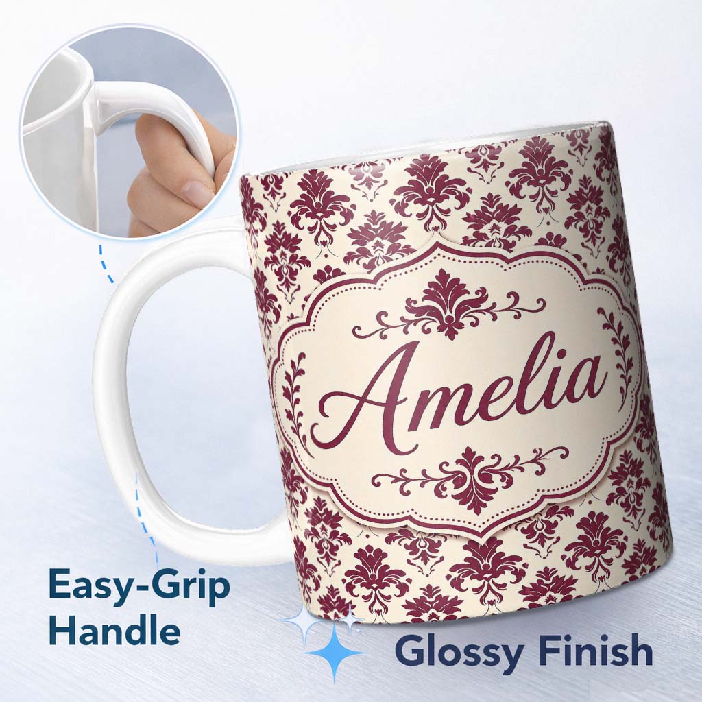 Personalized Custom Name Classic Burgundy Damask Repeat Cream Background Traditional Lovely 11oz Ceramic Coffee Tea Mug White Large Handle