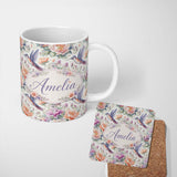 Personalized Custom Name Delicate Hummingbird with Light Floral Meadow Seamless Pattern Name 11oz Ceramic Coffee Tea Mug White Large Handle