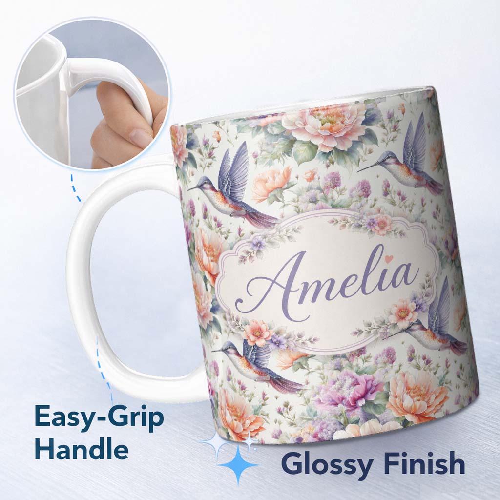 Personalized Custom Name Delicate Hummingbird with Light Floral Meadow Seamless Pattern Name 11oz Ceramic Coffee Tea Mug White Large Handle