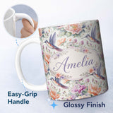 Personalized Custom Name Delicate Hummingbird with Light Floral Meadow Seamless Pattern Name 11oz Ceramic Coffee Tea Mug White Large Handle