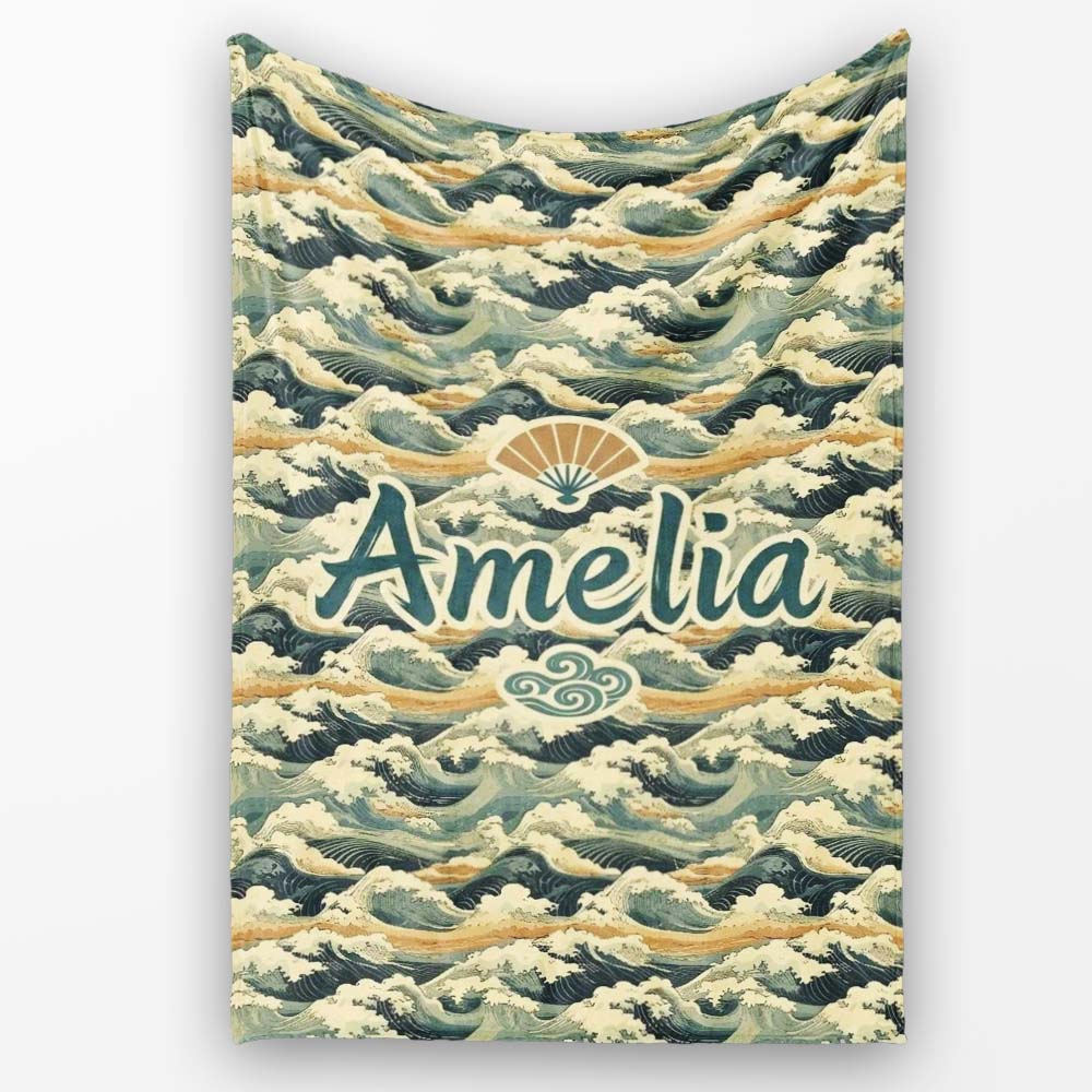 Vintage Ocean Waves Japanese Style Seamless Pattern Name Cute  Personalised Custom Name Super Soft Fleece Blanket Bed Sofa Throw