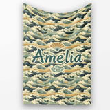 Vintage Ocean Waves Japanese Style Seamless Pattern Name Cute  Personalised Custom Name Super Soft Fleece Blanket Bed Sofa Throw