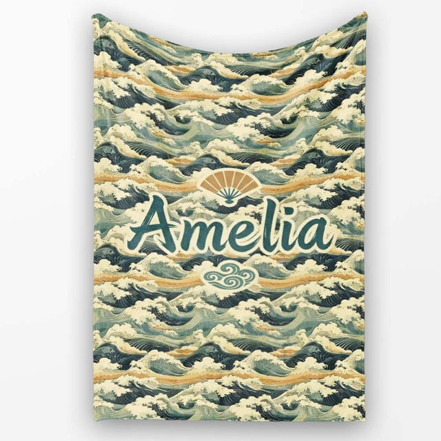 Vintage Ocean Waves Japanese Style Seamless Pattern Name Cute  Personalised Custom Name Super Soft Fleece Blanket Bed Sofa Throw