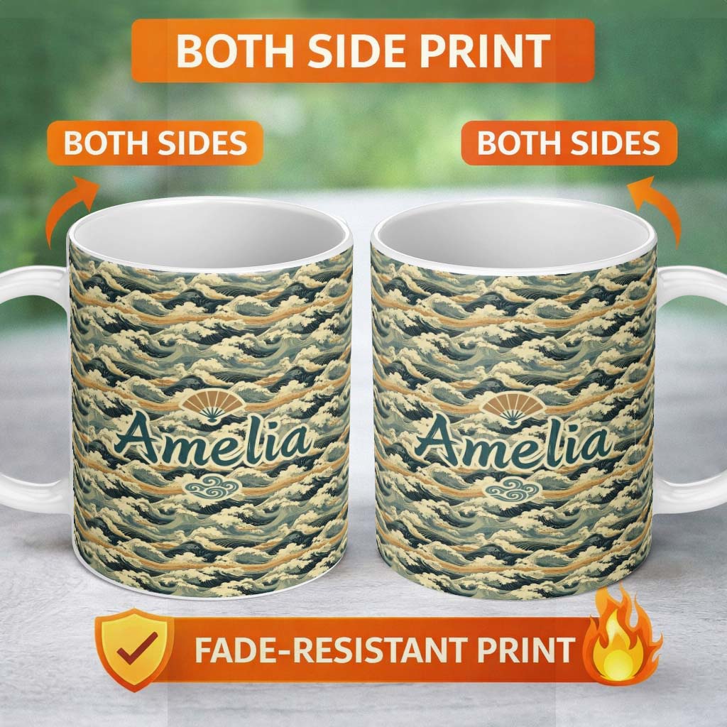 Personalized Custom Name Vintage Ocean Waves Japanese Style Seamless Pattern Name Cute 11oz Ceramic Coffee Tea Mug White Large Handle