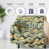 Vintage Ocean Waves Japanese Style Seamless Pattern Name Cute  Personalised Custom Name Super Soft Fleece Blanket Bed Sofa Throw