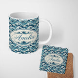 Personalized Custom Name Blue Ocean Waves Japanese Inspired Seamless Pattern Name Cute 11oz Ceramic Coffee Tea Mug White Large Handle