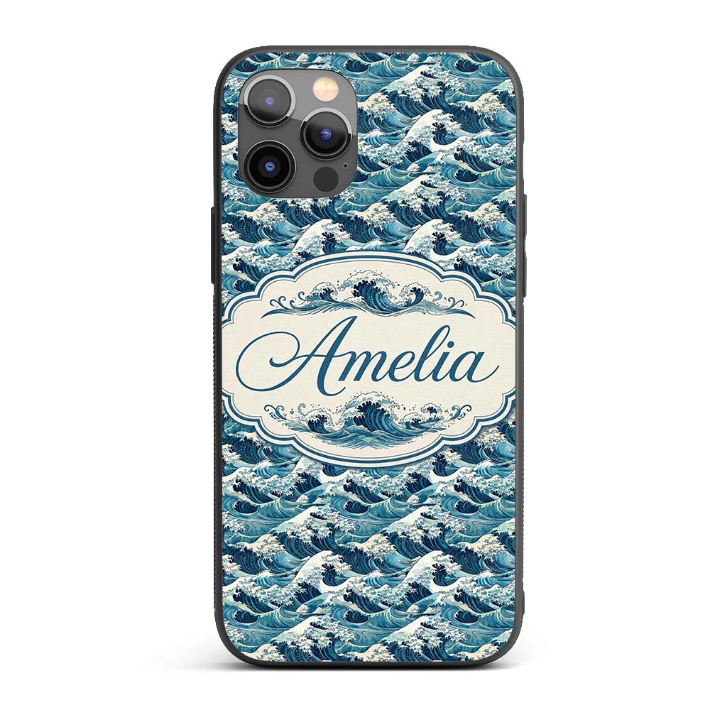 Blue Ocean Waves Japanese Inspired Printed Design Custom Name Protective Phone Case Mobile Cover Durable Everyday Smartphone Shock Resistant