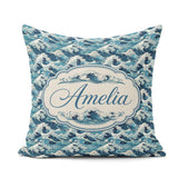 Custom Name Blue Ocean Waves Japanese Inspired Pattern Name Cute Square Filled Cushion Throw Pillow Sofa Bed Home Decor Zip Washable UK Made