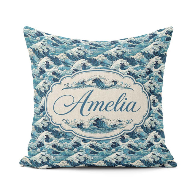 Custom Name Blue Ocean Waves Japanese Inspired Pattern Name Cute Square Filled Cushion Throw Pillow Sofa Bed Home Decor Zip Washable UK Made