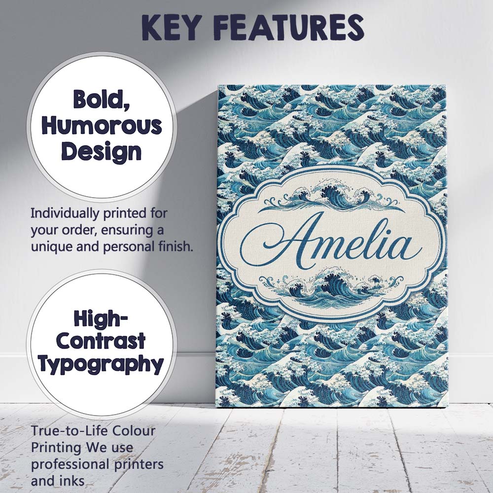 Personalised Name Blue Ocean Waves Japanese Custom  Bespoke Interior Contemporary Canvas Wall Art Print Decor Picture Ready to Hang
