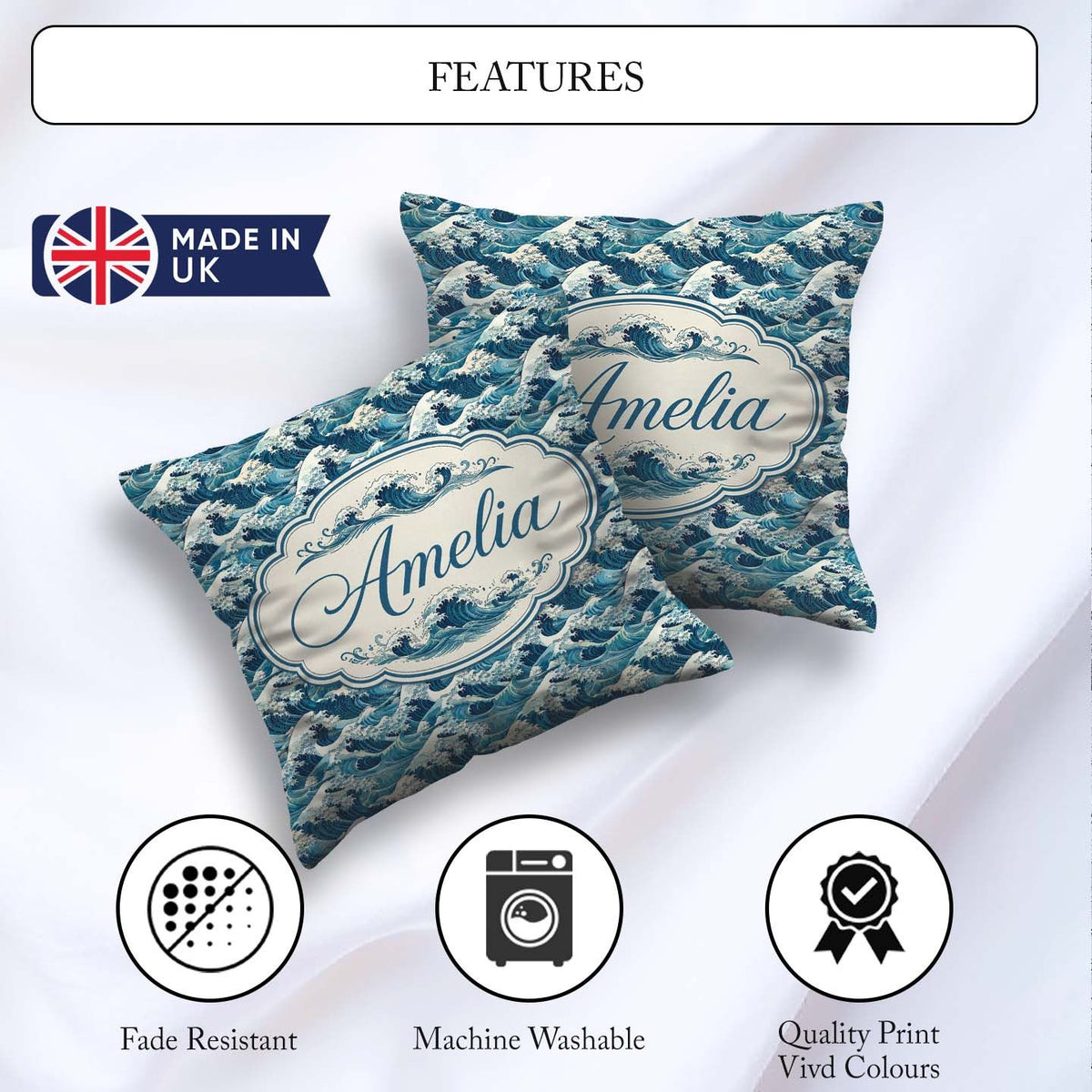 Custom Name Blue Ocean Waves Japanese Inspired Pattern Name Cute Square Filled Cushion Throw Pillow Sofa Bed Home Decor Zip Washable UK Made