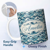 Personalized Custom Name Blue Ocean Waves Japanese Inspired Seamless Pattern Name Cute 11oz Ceramic Coffee Tea Mug White Large Handle