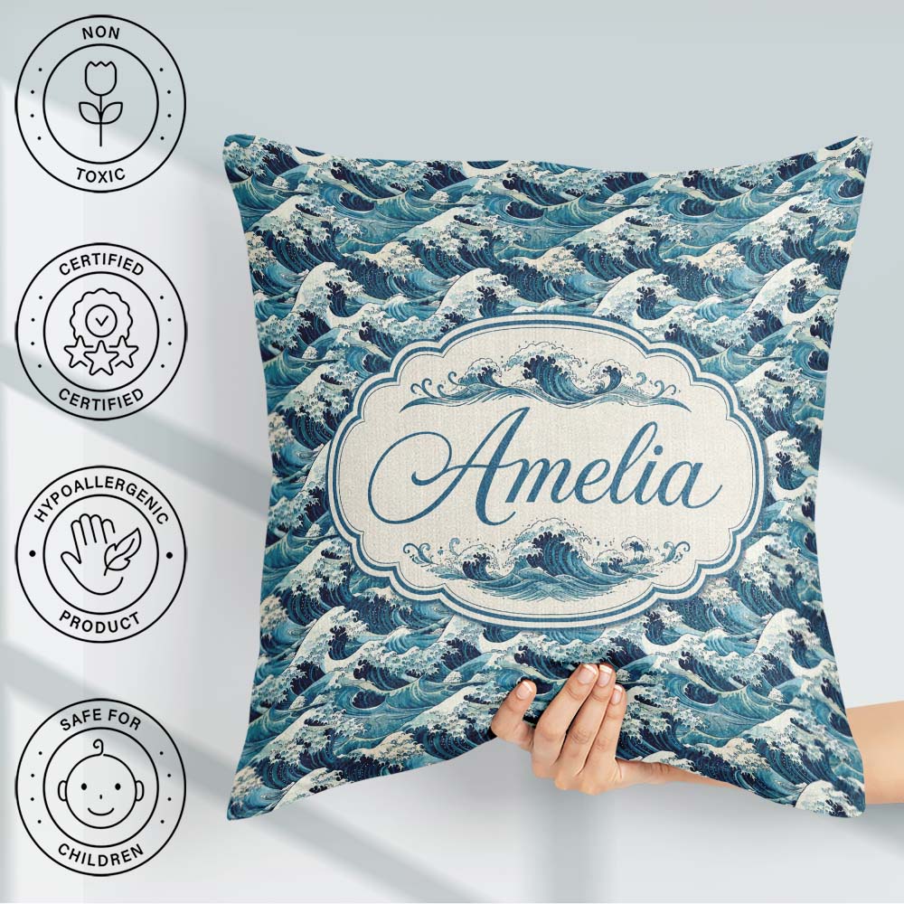 Custom Name Blue Ocean Waves Japanese Inspired Pattern Name Cute Square Filled Cushion Throw Pillow Sofa Bed Home Decor Zip Washable UK Made