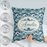 Custom Name Blue Ocean Waves Japanese Inspired Pattern Name Cute Square Filled Cushion Throw Pillow Sofa Bed Home Decor Zip Washable UK Made
