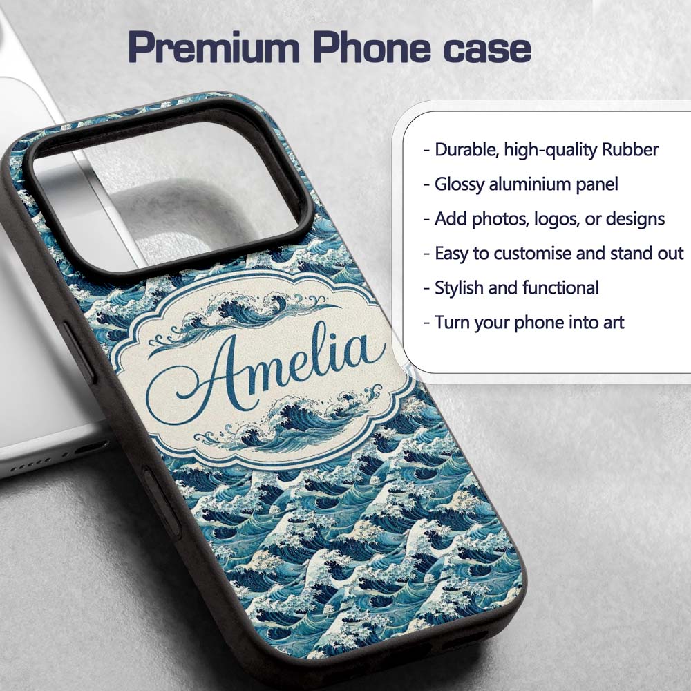Blue Ocean Waves Japanese Inspired Printed Design Custom Name Protective Phone Case Mobile Cover Durable Everyday Smartphone Shock Resistant