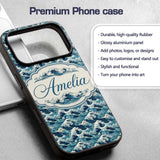 Blue Ocean Waves Japanese Inspired Printed Design Custom Name Protective Phone Case Mobile Cover Durable Everyday Smartphone Shock Resistant