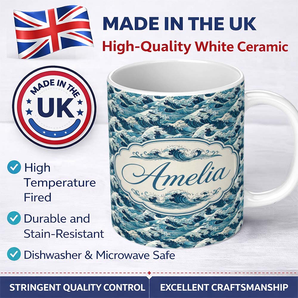 Personalized Custom Name Blue Ocean Waves Japanese Inspired Seamless Pattern Name Cute 11oz Ceramic Coffee Tea Mug White Large Handle