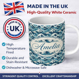 Personalized Custom Name Blue Ocean Waves Japanese Inspired Seamless Pattern Name Cute 11oz Ceramic Coffee Tea Mug White Large Handle