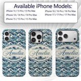 Blue Ocean Waves Japanese Inspired Printed Design Custom Name Protective Phone Case Mobile Cover Durable Everyday Smartphone Shock Resistant