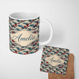 Personalized Custom Name Japanese Ocean Waves with Red Accents Seamless Pattern Name Cute 11oz Ceramic Coffee Tea Mug White Large Handle