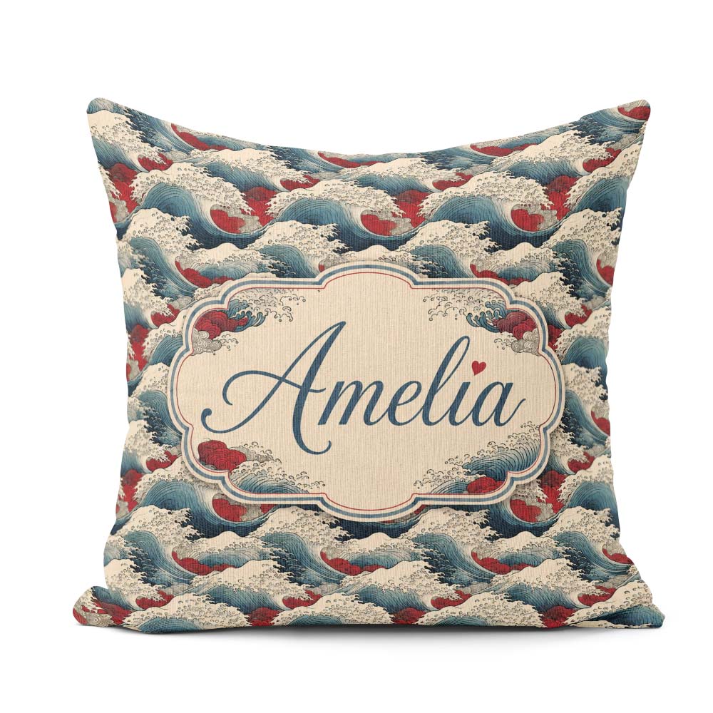 Custom Name Japanese Ocean Waves with Red Accents Seamless Name Square Filled Cushion Throw Pillow Sofa Bed Home Decor Zip Washable UK Made