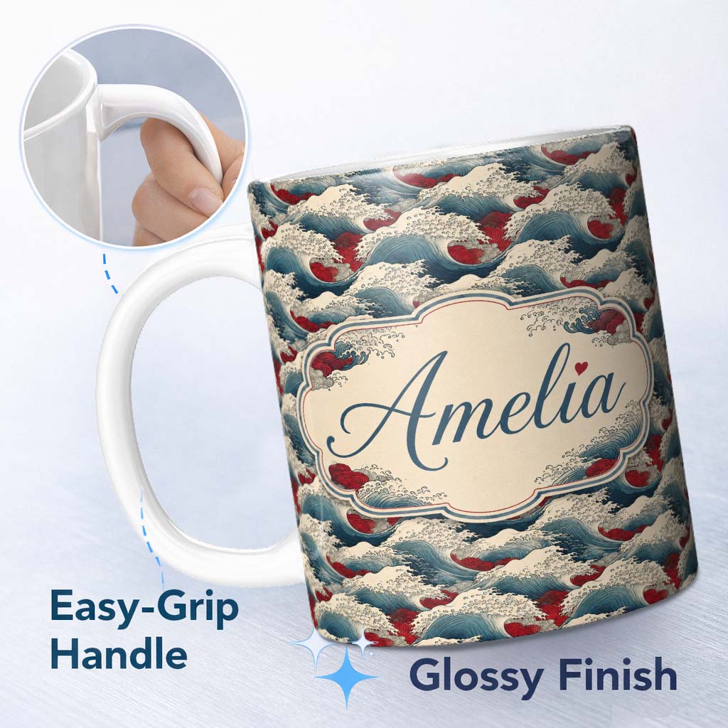 Personalized Custom Name Japanese Ocean Waves with Red Accents Seamless Pattern Name Cute 11oz Ceramic Coffee Tea Mug White Large Handle