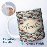 Personalized Custom Name Japanese Ocean Waves with Red Accents Seamless Pattern Name Cute 11oz Ceramic Coffee Tea Mug White Large Handle