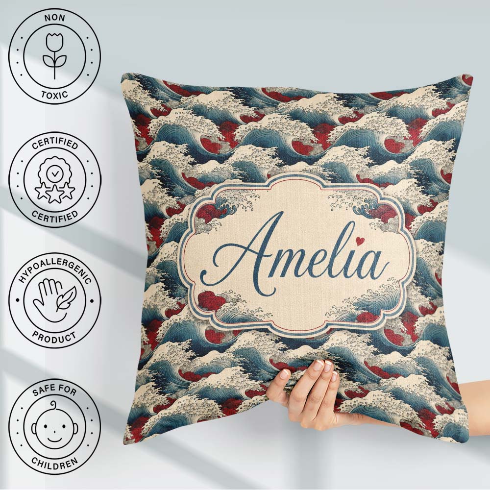 Custom Name Japanese Ocean Waves with Red Accents Seamless Name Square Filled Cushion Throw Pillow Sofa Bed Home Decor Zip Washable UK Made