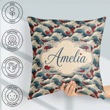 Custom Name Japanese Ocean Waves with Red Accents Seamless Name Square Filled Cushion Throw Pillow Sofa Bed Home Decor Zip Washable UK Made