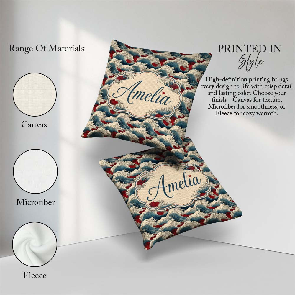Custom Name Japanese Ocean Waves with Red Accents Seamless Name Square Filled Cushion Throw Pillow Sofa Bed Home Decor Zip Washable UK Made