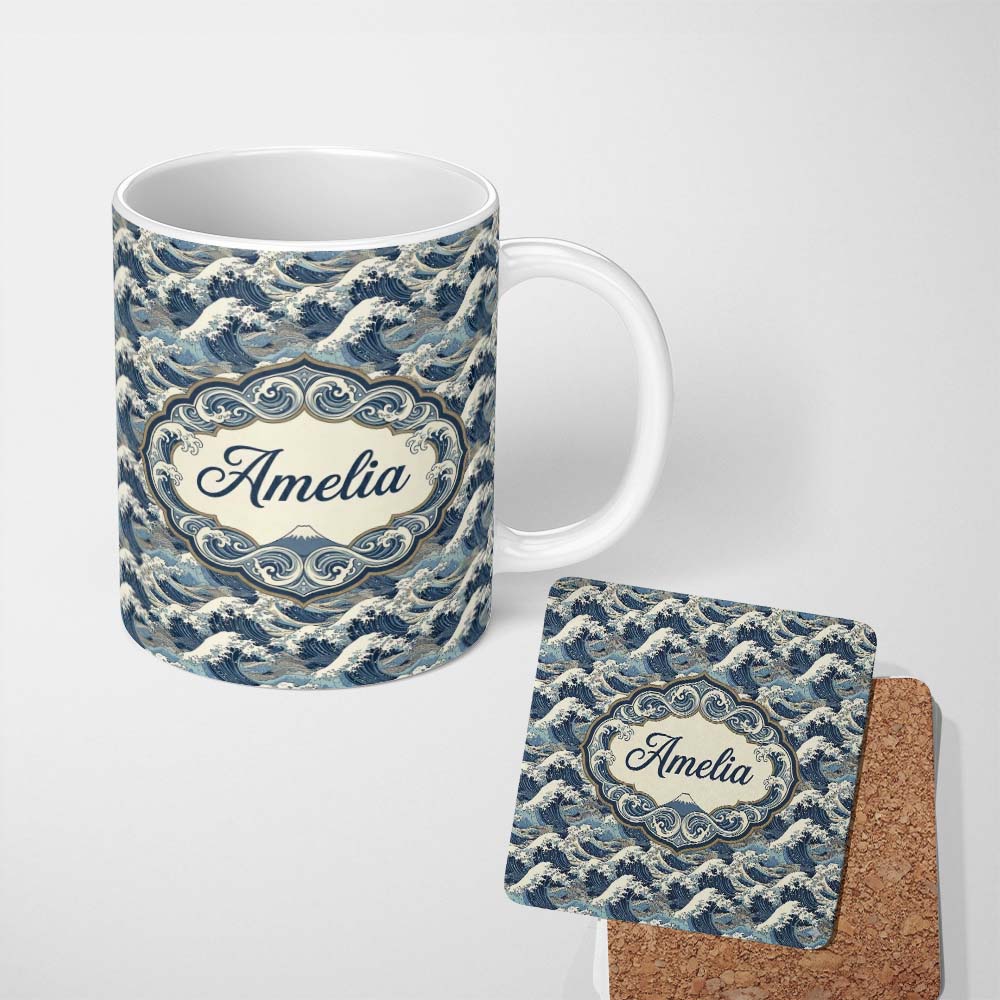 Personalized Custom Name Classic Blue Japanese Ocean Waves Seamless Pattern Name Cute Unique 11oz Ceramic Coffee Tea Mug White Large Handle