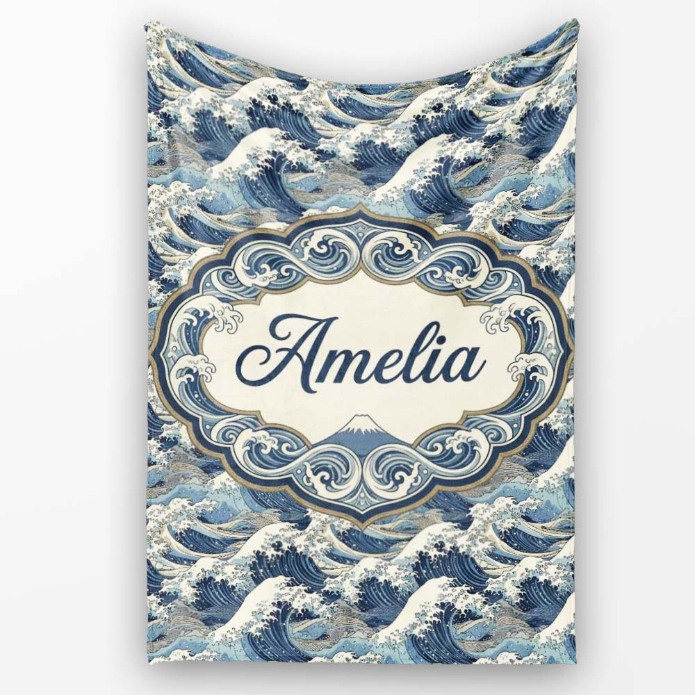 Classic Blue Japanese Ocean Waves Seamless Pattern Name Cute Unique  Personalised Custom Name Super Soft Fleece Blanket Bed Sofa Throw