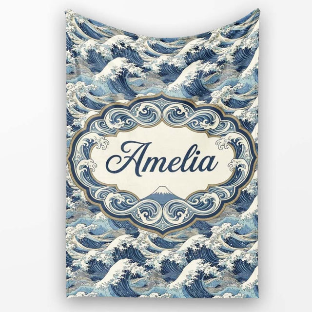 Classic Blue Japanese Ocean Waves Seamless Pattern Name Cute Unique  Personalised Custom Name Super Soft Fleece Blanket Bed Sofa Throw