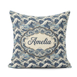 Custom Name Classic Blue Japanese Ocean Waves Seamless Name Cute Square Filled Cushion Throw Pillow Sofa Bed Home Decor Zip Washable UK Made
