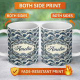 Personalized Custom Name Classic Blue Japanese Ocean Waves Seamless Pattern Name Cute Unique 11oz Ceramic Coffee Tea Mug White Large Handle