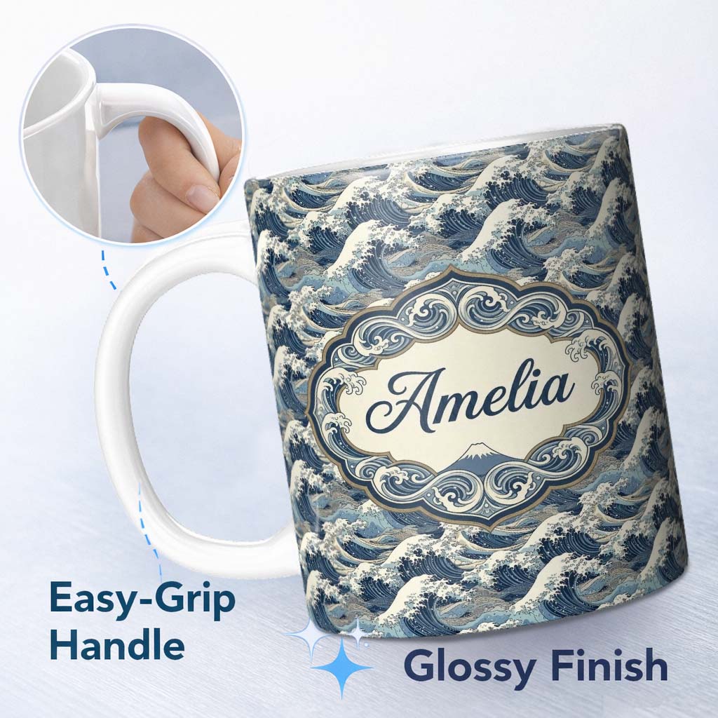 Personalized Custom Name Classic Blue Japanese Ocean Waves Seamless Pattern Name Cute Unique 11oz Ceramic Coffee Tea Mug White Large Handle
