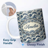 Personalized Custom Name Classic Blue Japanese Ocean Waves Seamless Pattern Name Cute Unique 11oz Ceramic Coffee Tea Mug White Large Handle