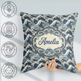 Custom Name Classic Blue Japanese Ocean Waves Seamless Name Cute Square Filled Cushion Throw Pillow Sofa Bed Home Decor Zip Washable UK Made