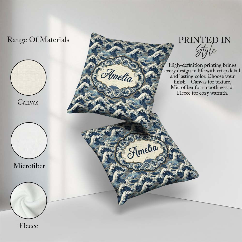 Custom Name Classic Blue Japanese Ocean Waves Seamless Name Cute Square Filled Cushion Throw Pillow Sofa Bed Home Decor Zip Washable UK Made