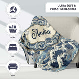 Classic Blue Japanese Ocean Waves Seamless Pattern Name Cute Unique  Personalised Custom Name Super Soft Fleece Blanket Bed Sofa Throw
