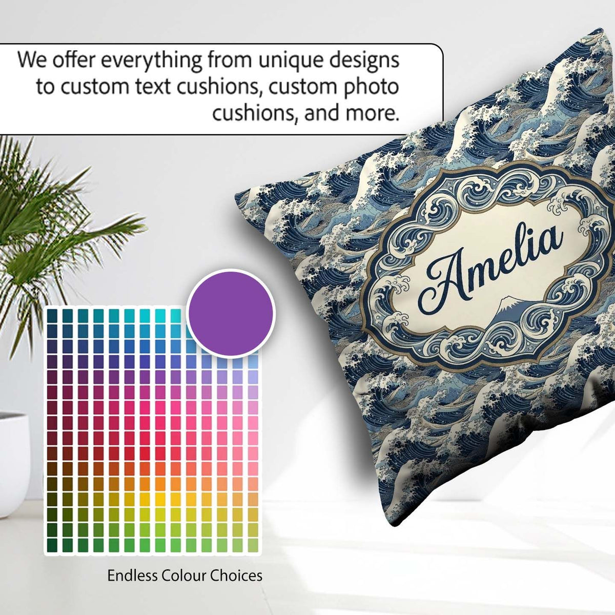 Custom Name Classic Blue Japanese Ocean Waves Seamless Name Cute Square Filled Cushion Throw Pillow Sofa Bed Home Decor Zip Washable UK Made