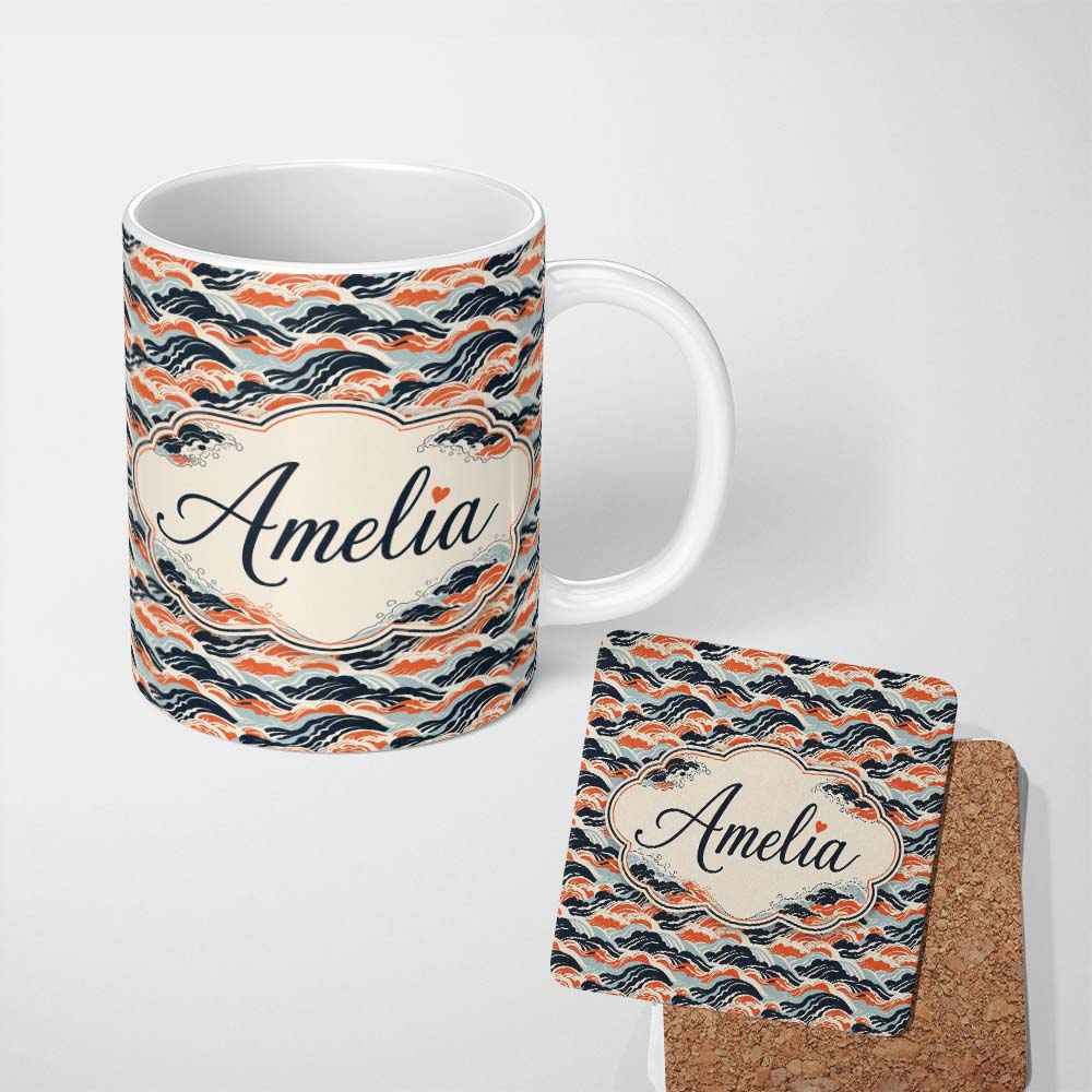 Personalized Custom Name Modern Orange and Navy Ocean Waves Seamless Pattern Name Cute 11oz Ceramic Coffee Tea Mug White Large Handle